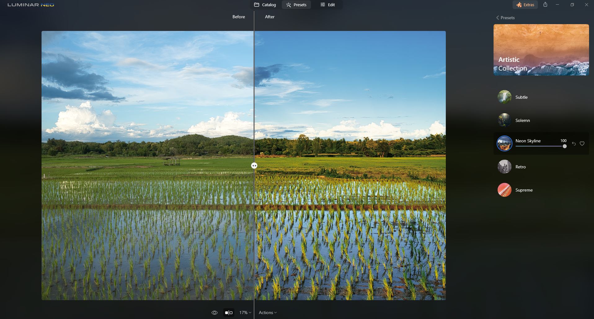 Luminar Neo Neon Skyline preset demonstation using a photo of rice fields