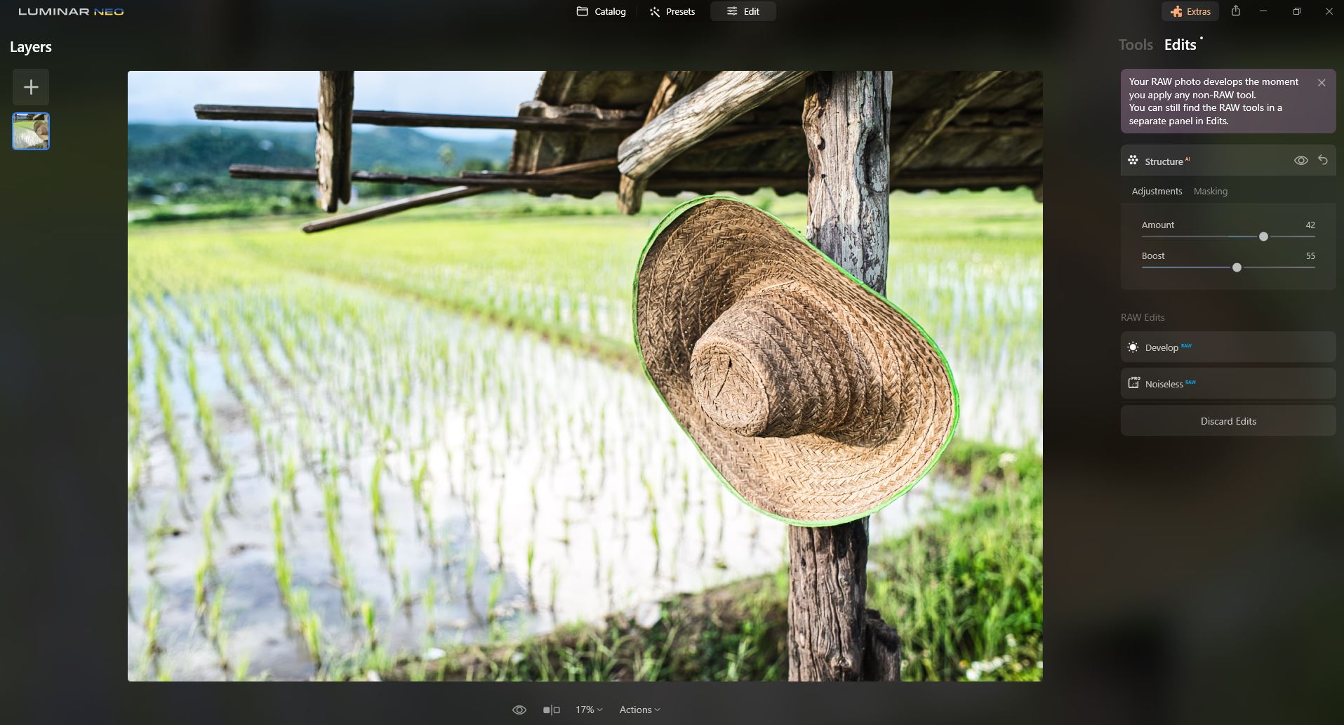 Straw hat in a rice field shack illustrating the use of Luminar Neo Structure tools