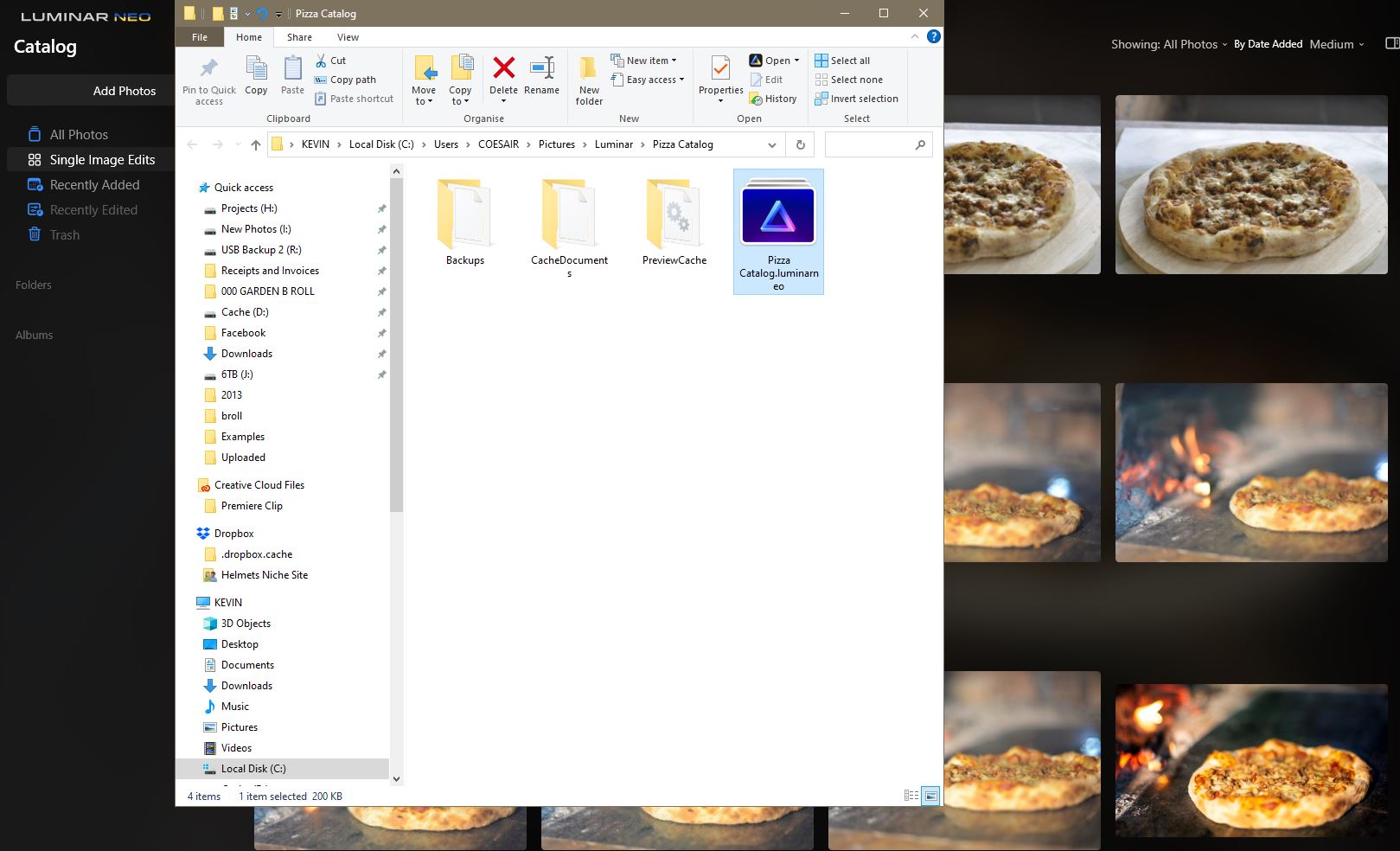 Screen grab showing the catalog folder for Luminar Neo in Windows Explorer